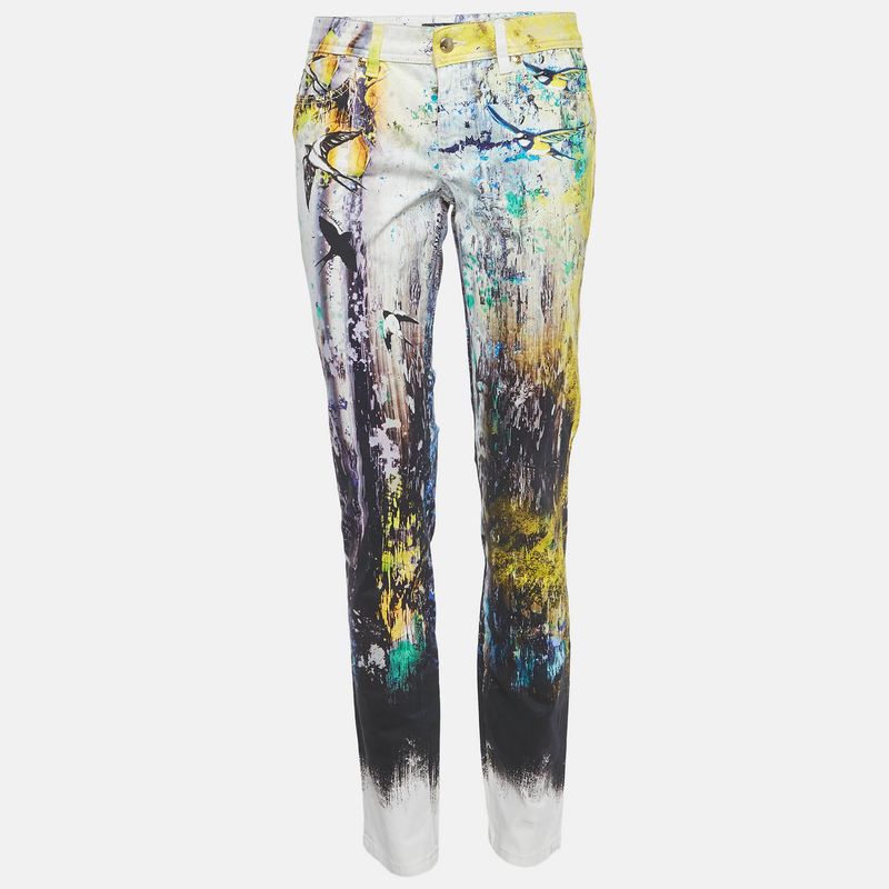 Just Cavalli Yellow Printed Cotton Skinny Leg Jeans M/Waist 30"